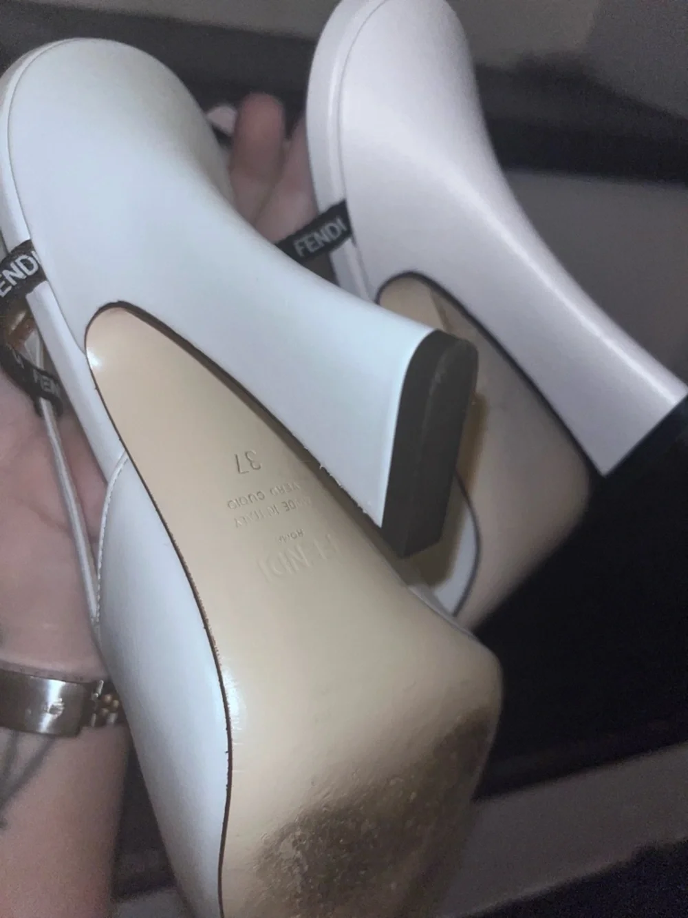 Fendi White Leather Pointed Slingback Heels with Logo Strap